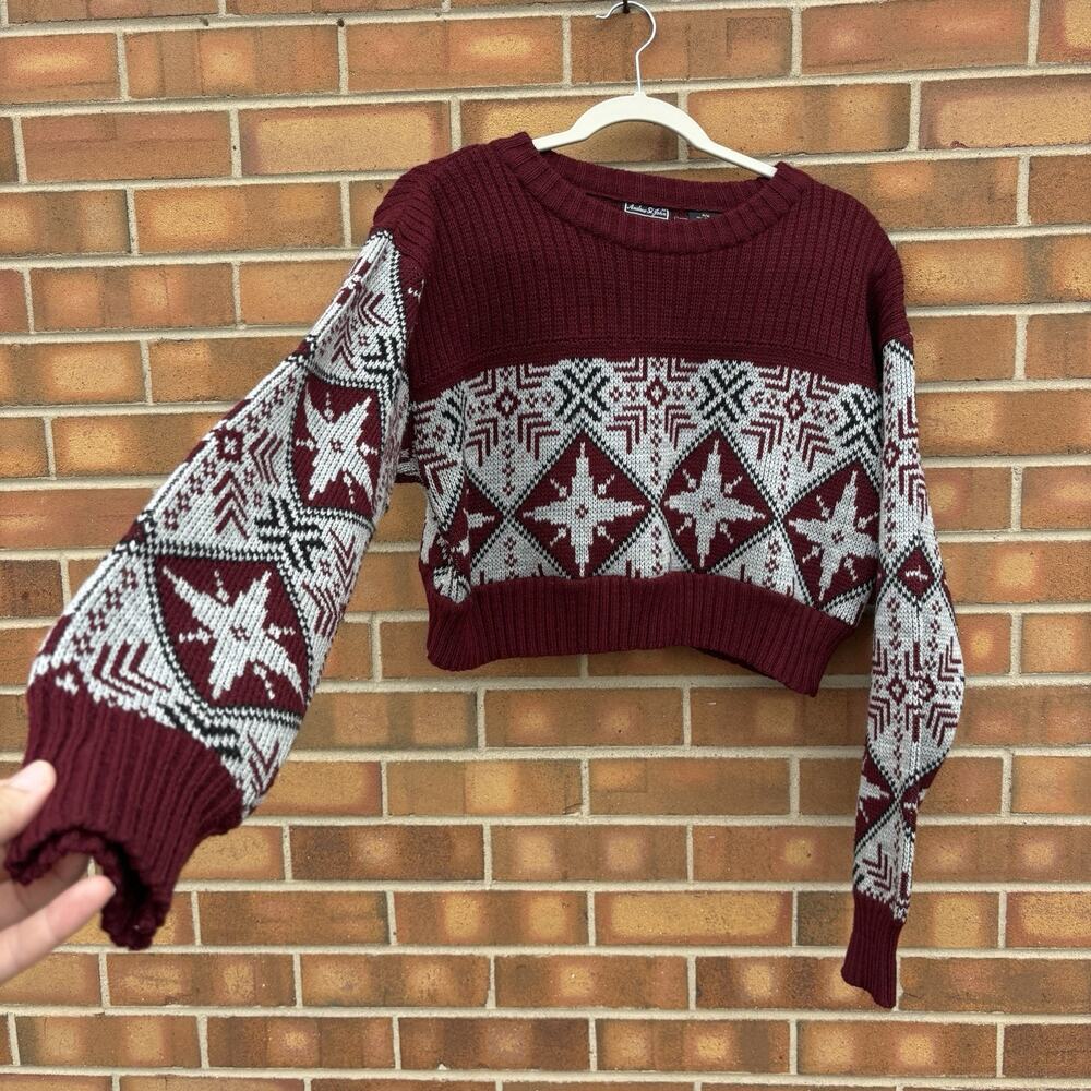 Vintage Andrew St John Cropped Fair Isle Ski Sweater Burgundy Grey Womens Medium